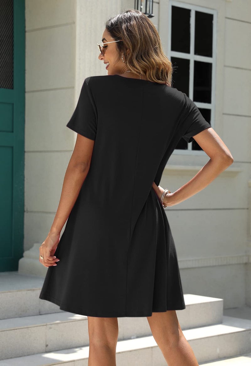 Manydress Women's Summer Casual T Shirt Short Sleeve Button Down Swing Dress with Pockets MY035 (Black, XL) - Image 2